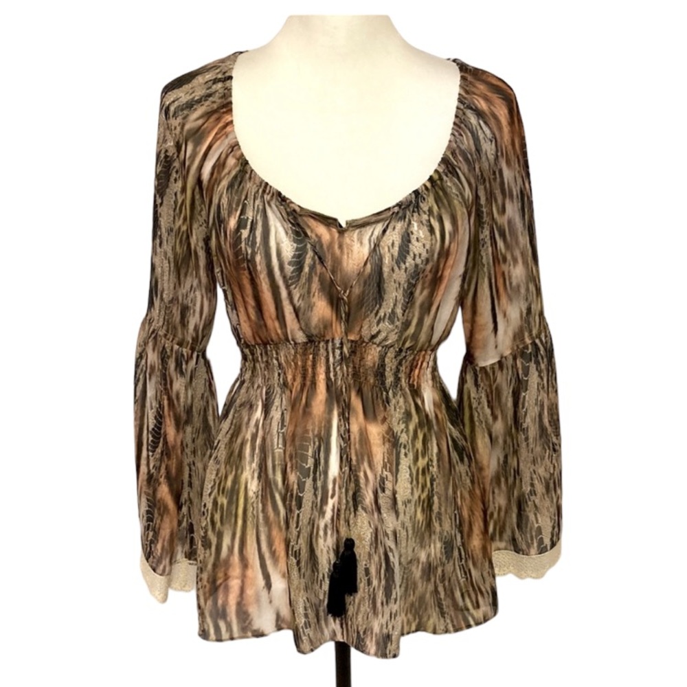 Charlie Jade hippie-chic tiger print blouse, cinched waist & laced bell sleeves.